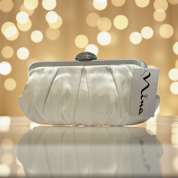 Nina Concord Clutch Ivory Satin Pleated Frame Crystal Clasp Evening Handbag - Picture 1 of 7